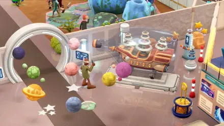 A vibrant scene from the video game Two Point Museum, featuring colorful exhibits, visitors exploring, and a whimsical atmosphere, set as an HD PC desktop wallpaper.