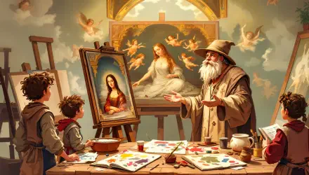 A vibrant Renaissance scene featuring an elderly artist teaching two children in an art studio, with paintings of angels and a woman in a flowing gown in the background. 4K Ultra HD wallpaper.