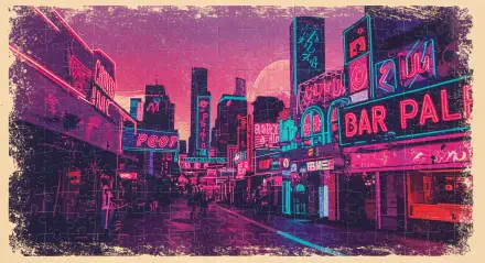 A vibrant puzzle-themed 4K Ultra HD wallpaper showcasing a neon-lit city street at dusk, filled with colorful signs and buildings under a dramatic sky.