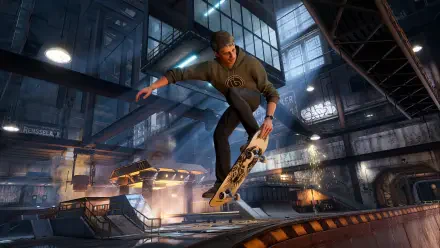 A dynamic scene from Tony Hawk's Pro Skater 3 + 4, featuring a skateboarder performing a trick in an industrial skate park, captured in stunning 4K Ultra HD.