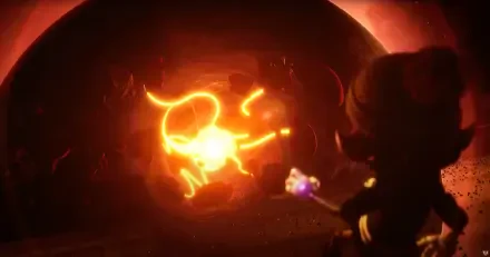 4K Ultra HD Murder Drones wallpaper by Glitch Productions, featuring glowing orange energy and a silhouetted figure in a dark, intense sci-fi scene.