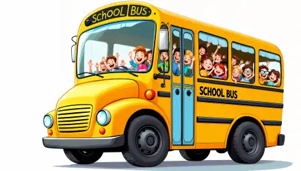 A vibrant, animated yellow school bus filled with happy children, designed as a 4K Ultra HD PC desktop wallpaper and background.