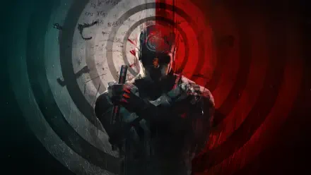 Daredevil stands centered against a red and black target backdrop in this sharp 4K Ultra HD PC desktop wallpaper from Daredevil: Born Again.