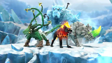 A vibrant 4K Ultra HD wallpaper showcasing characters from the video game Eldrador Creatures Shadowfall, featuring elemental creatures set against a frosty backdrop.