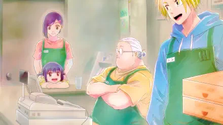 5K Ultra HD PC desktop wallpaper background: anime scene from Sakamoto Days featuring Taro Sakamoto and shop crew in green aprons gathered around a register.