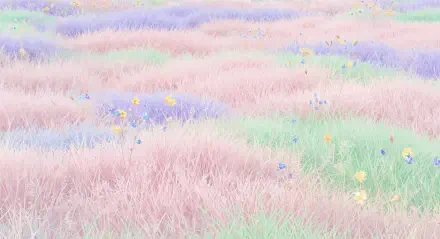 A serene, pastel-toned lawn with gently rolling grass and scattered wildflowers, featured as a vibrant 4K Ultra HD PC desktop wallpaper and background.