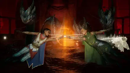 A captivating HD PC desktop wallpaper from the video game Split Fiction, featuring two characters reaching towards each other with an energy sphere, surrounded by a dramatic, fantastical backdrop.