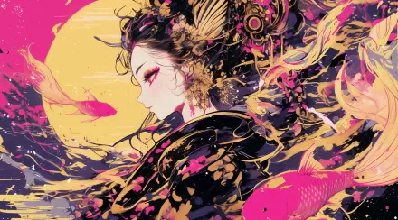 Anime girl Anime Art AI Art — 2K Quad HD PC desktop wallpaper: ornate side profile with flowing hair and golden-pink swirls, koi fish and a full moon in a dynamic, painterly background.