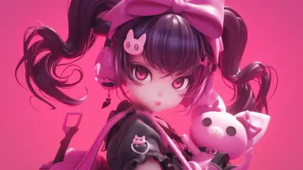 A vibrant HD wallpaper featuring Kuromi from Onegai My Melody, showcasing her playful style with pink tones, bold hair, and charming accessories in a Y2K aesthetic.