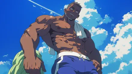 A muscular black anime character stands confidently under a bright blue sky, making for a striking HD PC desktop wallpaper and background.