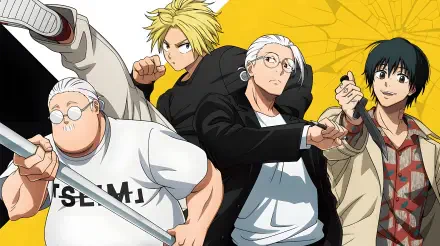 4K Ultra HD anime wallpaper featuring Taro Sakamoto, Shin, and Yoichi Nagumo from Sakamoto Days in dynamic action poses against a vibrant yellow background.