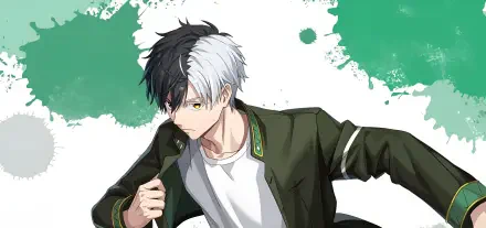 HD anime desktop wallpaper featuring a character with black-and-white hair from Wind Breaker, styled dynamically against a green and white paint-splattered background.