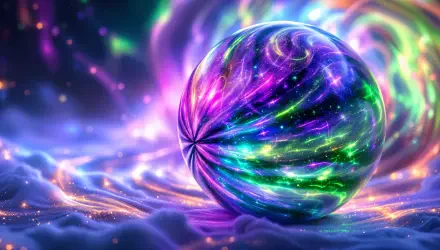 A mesmerizing 4K Ultra HD desktop wallpaper featuring a colorful, swirling orb surrounded by vibrant cosmic patterns, set against a dreamy cloudscape backdrop.