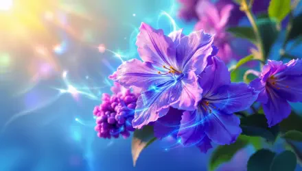 A vibrant lilac flower blossoms amidst a dreamy blue background, enhanced with soft light and sparkles, creating a stunning 4K Ultra HD desktop wallpaper.