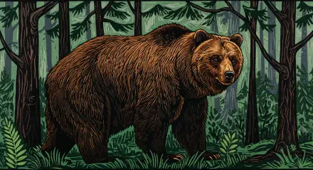 A detailed illustration of a brown bear standing in a lush forest, surrounded by trees and greenery, captured as a stunning 4K Ultra HD desktop wallpaper and background.