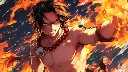 HD wallpaper of Portgas D. Ace from One Piece, showcasing his powerful stance amidst flames, reflecting his fiery character and strength. A vibrant addition to any desktop background.