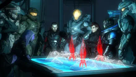 A vibrant 4K Ultra HD desktop wallpaper featuring iconic characters from Mass Effect and Halo, including Commander Shepard and Master Chief, strategizing around a holographic display.