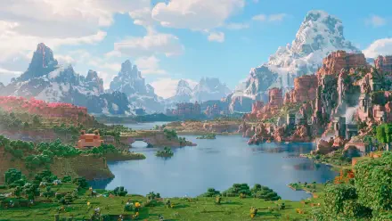 HD PC desktop wallpaper showcasing a stunning Minecraft landscape from A Minecraft Movie, featuring blocky mountains, a serene lake, and vibrant skies in the video game world.