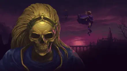 A dramatic HD desktop wallpaper from the video game Blasphemous, featuring a prominent golden skull figure against a dark, atmospheric backdrop with a mystical figure in the air.