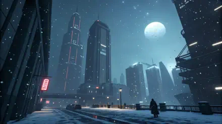 A serene winter cityscape under heavy snowfall, featuring towering skyscrapers and a large moon, captured in stunning 4K Ultra HD as a desktop wallpaper.