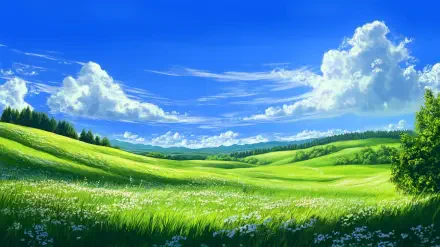 A vibrant expressionist landscape featuring rolling green hills, bright blue skies, and fluffy clouds, serving as an artistic HD wallpaper inspired by Windows XP aesthetics.