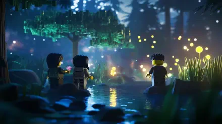 A captivating HD desktop wallpaper featuring LEGO-style characters exploring a magical forest at twilight, surrounded by glowing lights and a serene river, inspired by Roblox.
