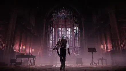 A dramatic scene from the video game The Duskbloods, featuring a mysterious figure walking through a dimly lit, gothic interior with towering stained glass windows.