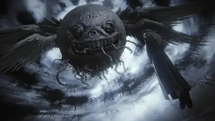 A dramatic HD wallpaper from the video game The Duskbloods, featuring a figure confronting a colossal, monstrous entity with wings against a dark, swirling sky.