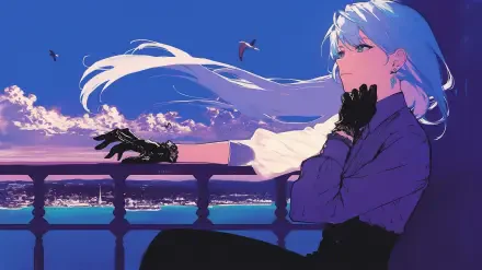 A stunning HD desktop wallpaper featuring Furina from Genshin Impact, showcasing a purple anime aesthetic with a serene backdrop of clouds and ocean.