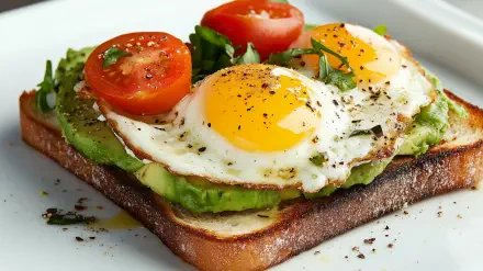 Avocado toast topped with fried eggs and cherry tomatoes, beautifully arranged on a plate. This vibrant image serves as a delightful high-definition desktop wallpaper.