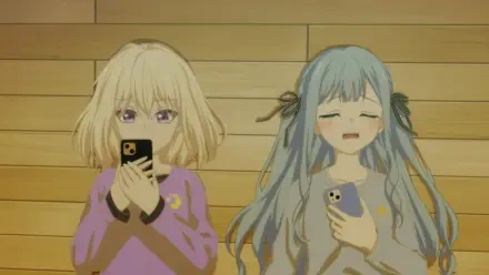 Two anime characters from BanG Dream! Ave Mujica are holding smartphones, standing against a wooden background. The image captures a candid moment in 4K Ultra HD quality.