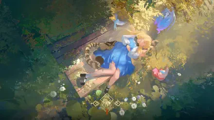 HD PC desktop wallpaper from Wuthering Waves featuring a serene overhead view of a girl in a blue dress lying among flowers and butterflies in a sunlit forest clearing.