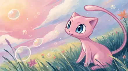 A charming illustration of Mew from Pokémon, surrounded by bubbles and vibrant grass under a colorful sky, designed as a 4K Ultra HD desktop wallpaper and background.