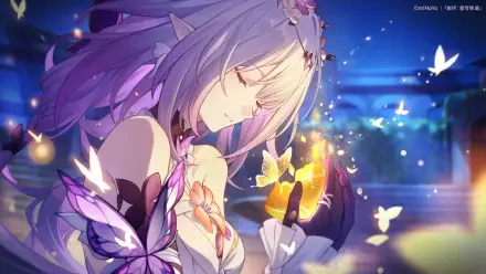 A serene anime girl from Honkai: Star Rail, Castorice, surrounded by glowing butterflies, captures a magical moment in this HD desktop wallpaper.