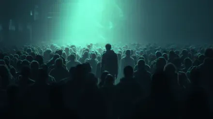 A dense crowd illuminated by an ethereal glow, depicting a sense of unity and anonymity, captured in stunning 4K Ultra HD for a striking desktop wallpaper. 