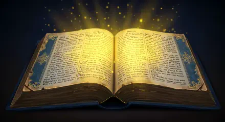 An open Bible glows with radiant light, surrounded by sparkles, creating an inspiring 4K Ultra HD desktop wallpaper and background.