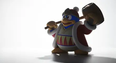 A vibrant 4K Ultra HD wallpaper featuring King Dedede, a cartoon character wielding a large hammer, set against a minimalist background with dramatic lighting.