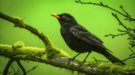 A blackbird perched on a moss-covered branch against a vibrant green background, captured in stunning detail for a 4K Ultra HD PC desktop wallpaper.