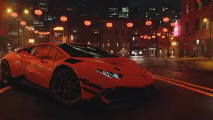 A vibrant HD desktop wallpaper featuring an orange sports car in a city at night, inspired by the video game Need for Speed Unbound, adorned with glowing lanterns.