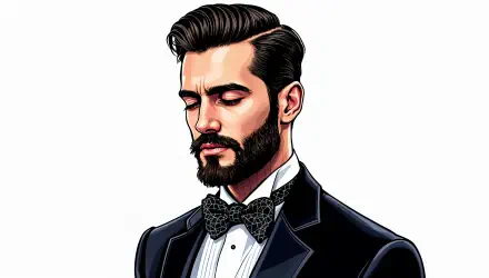 Illustration of a groom in a tuxedo with a bow tie, featuring a well-groomed beard and styled hair, designed as a 4K Ultra HD desktop wallpaper.