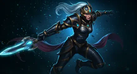 A powerful warrior in sleek armor wields a glowing sword, depicted in a dynamic pose against a dark, ethereal background. This 4K Ultra HD wallpaper brings intensity to your desktop.
