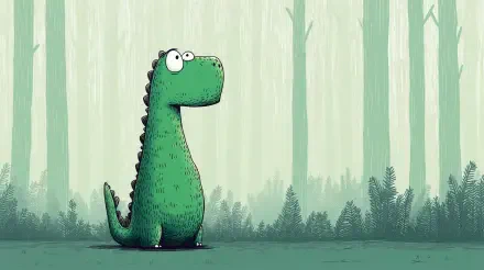 A whimsical green dinosaur stands in a misty forest, designed as a 4K Ultra HD PC desktop wallpaper, offering a playful and vibrant backdrop for your screen.