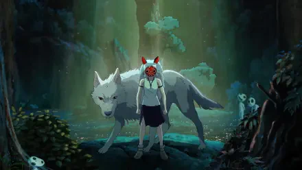A stunning 4K Ultra HD wallpaper featuring characters from Studio Ghibli's Princess Mononoke, showcasing a protagonist with a wolf in a vibrant, enchanted forest.