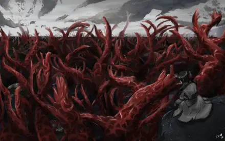 A haunting landscape from 'Shadow Slave' features dark, twisted red branches against a stormy sky, creating an immersive HD desktop wallpaper experience.