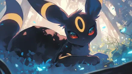 A captivating HD wallpaper featuring Umbreon, one of the beloved Pokémon, nestled among vibrant greenery in a serene, enchanting forest setting.
