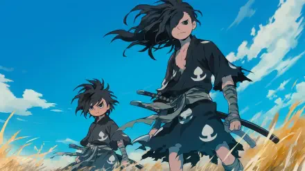 Hyakkimaru and Dororo stand confidently in a field, adorned in traditional attire with swords drawn. This HD wallpaper captures the essence of the anime Dororo against a vibrant blue sky.