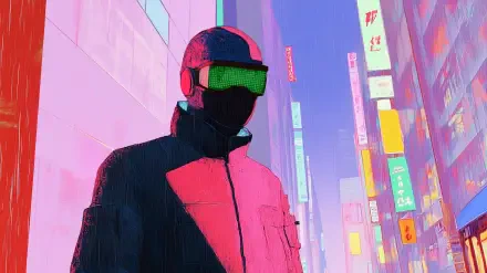 A vibrant digital painting of a hacker in a neon-lit urban environment, featuring bold colors and futuristic elements, designed as a high-definition PC desktop wallpaper.