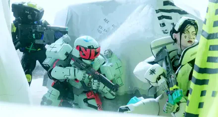 A dynamic scene from the video game Marathon, featuring two armored characters in an intense tactical stance, set against a futuristic backdrop, captured in vibrant 4K Ultra HD.