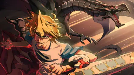 Joey Wheeler from Yu-Gi-Oh! charges forward with his iconic Red-Eyes Black Dragon looming behind him in this vibrant HD anime desktop wallpaper.