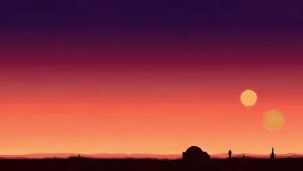 A minimalist 4K Ultra HD wallpaper featuring a stunning Tatooine sunset from the Star Wars universe, capturing two suns against a colorful gradient sky.